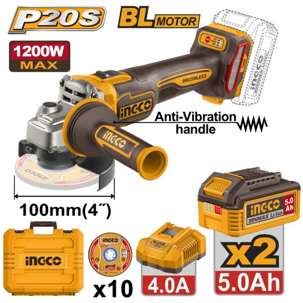 INGCO 20V LI-ION 3-SPEED ANGLE GRINDER 4" 1200W 2X5.0AH+CASE CAGLI2120232
