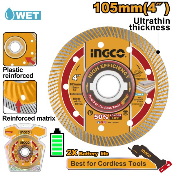 INGCO 4" 105MM ULTRATHIN DIMAOND WHEEL WITH FLANGE DMD051051