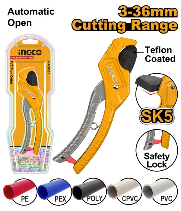 INGCO INDUSTRIAL PVC PIPE CUTTER CAP: 36MM, LENGTH 210MM HPCS3135
