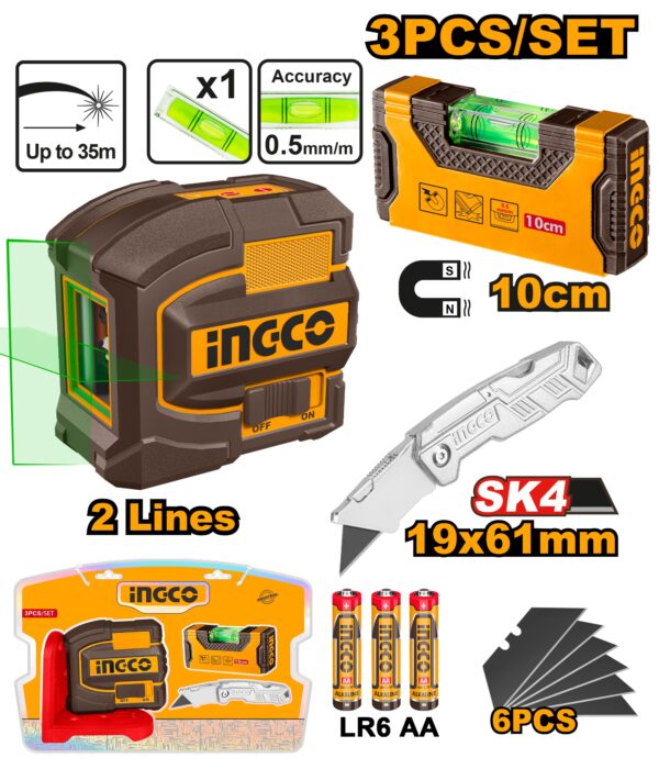 INGCO 3PC GREENLASER LAVELLER+MINI LEVEL+FOLDING KNIFE COSLL251002