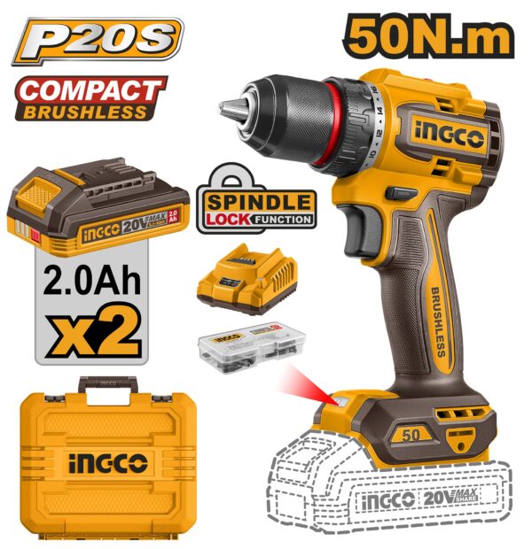 INGCO 20V LI-ION BL DRILL DRIVER 50NM 2X2.0AH+CASE CDLI205062