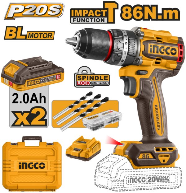 INGCO 20V LI-ION BL IMPACT DRILL 86NM W/2X2.0 CHARGER+CASE CIDLI208687