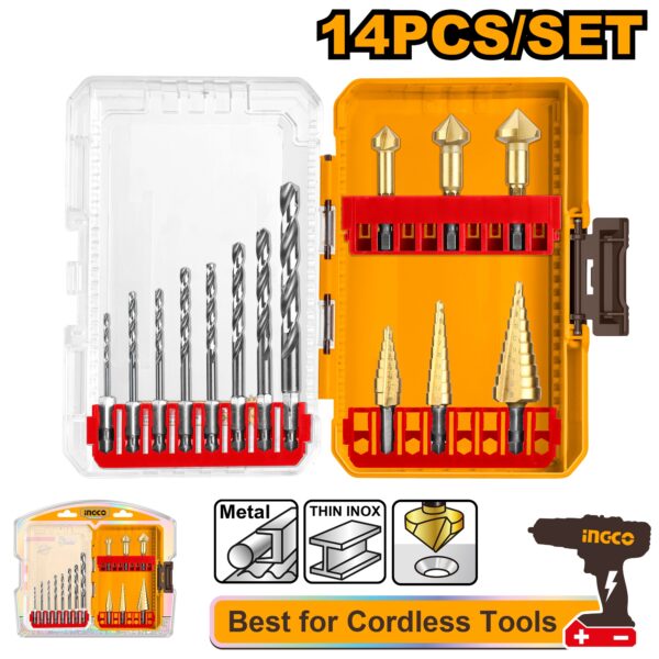 INGCO 14PCS 8XHSS DRILLS+3XSTEP DRILLS+3XCOUNTERSINK BITS SET AKDL61401