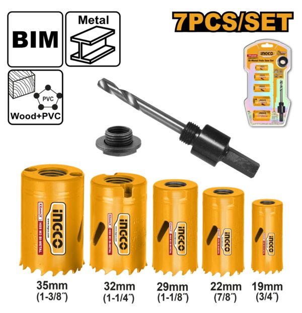 INGCO 7PCS BI-METAL HOLE SAW 19, 22, 29, 32, 35 + ARBOR SET