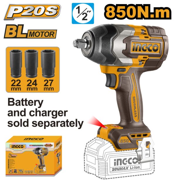 INGCO 20V BRUSHLESS 1/2" IMPACT WRENCH 850NM CIWLI20851 (BARE UNIT)