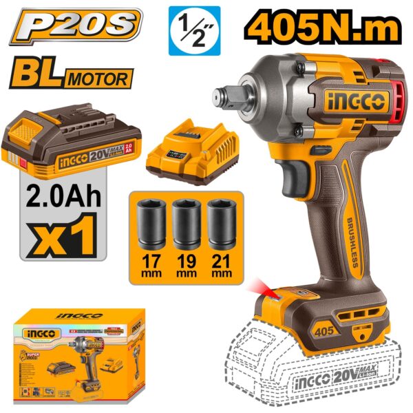 INGCO 20V BL 1/2" IMPACT WRENCH 405NM 1X2.0AH+CHARGER CIWLI20455