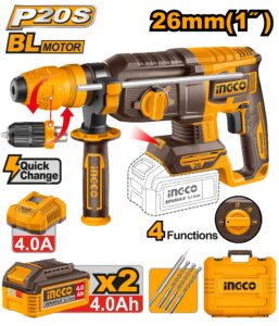 INGCO 20V BL 4-MODE ROTARY HAMMER 26MM 2X4.0AH +QUICKCHUCK+CASE CRHLI202689 thumbnail
