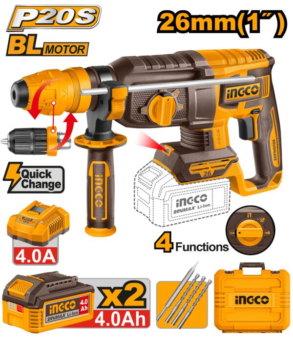 INGCO 20V BL 4-MODE ROTARY HAMMER 26MM 2X4.0AH +QUICKCHUCK+CASE CRHLI202689