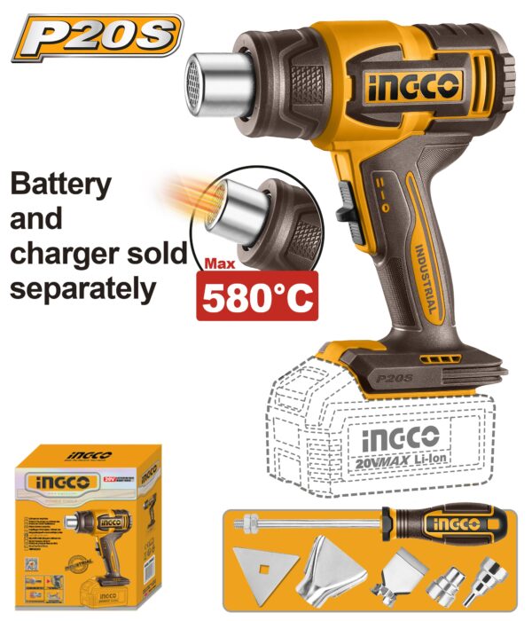 INGCO 20V LI-ION HEAT GUN 300/580°C + TOOLS HGLI2008 (BARE UNIT)