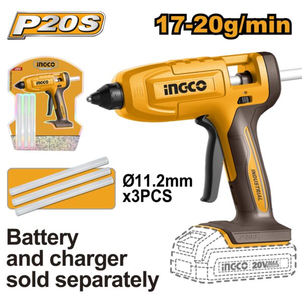 INGCO 20V LI-ION GLUE GUN W/3X11.2MM GLUE STICK CGGLI2003 (BARE UNIT)