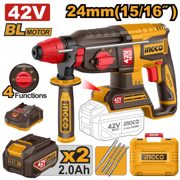 INGCO 42V BL 24MM 4-MODE ROTARY HAMMER 2X2.0AH & CASE CRHLI422482