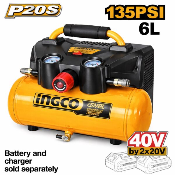 INGCO 20V + 20V LI-ION 6L TANK 135 BAR AIR COMPRESSOR CACLI2003 (BARE UNIT)